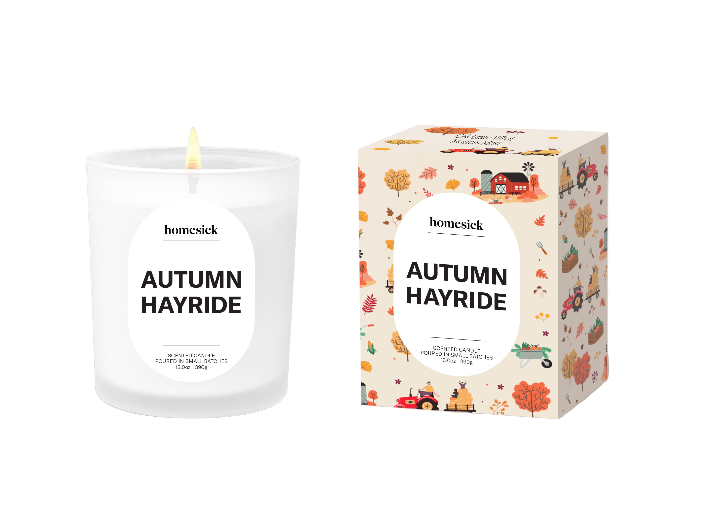 Homesick Autumn Hayride candle and packaging on a white background. Available at Be Charmed. 
