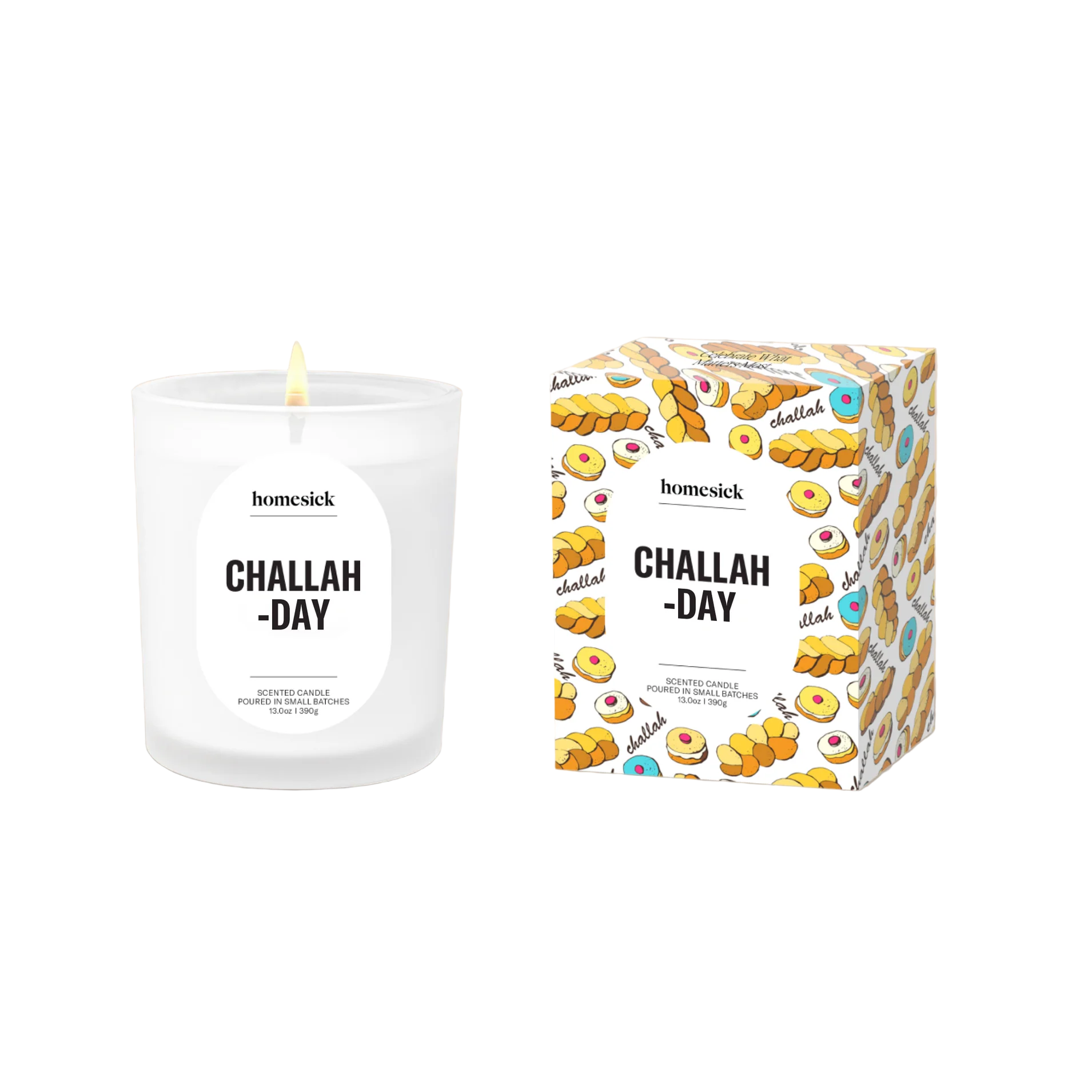 Homesick 'Challah Day' candle and packaging on a white background. Available at Be Charmed. 