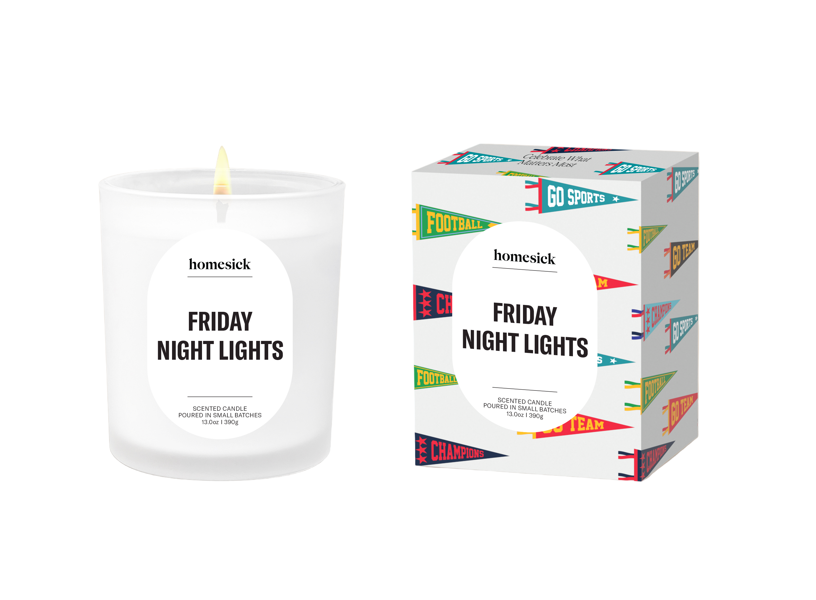 Homesick 'Friday Night Lights' candle and packaging on a white background. Nostalgic fresh fragrance inspired by game day. Available at Be Charmed.