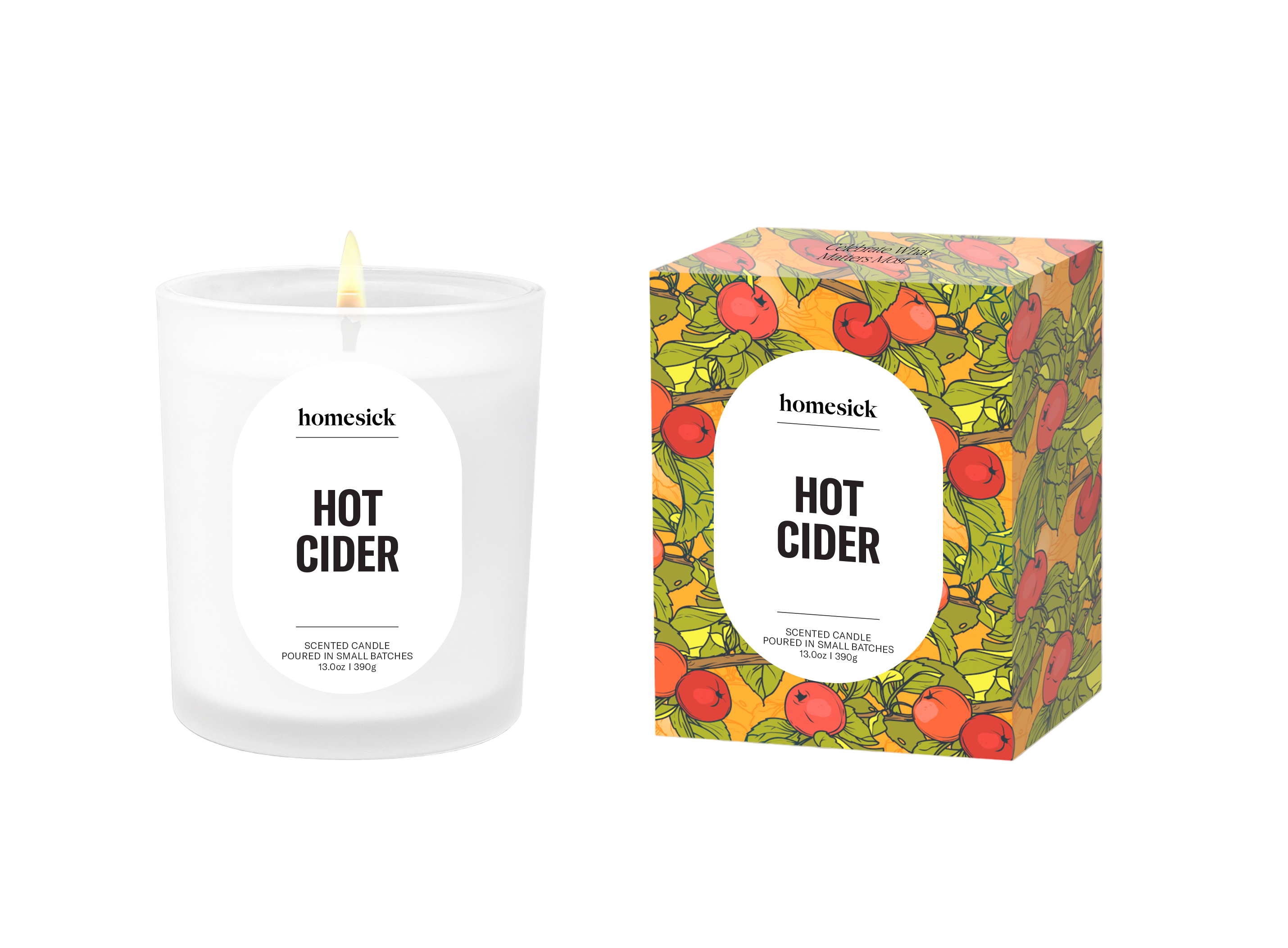 Homesick Hot Cider candle and packaging on a white background. Available at Be Charmed. 