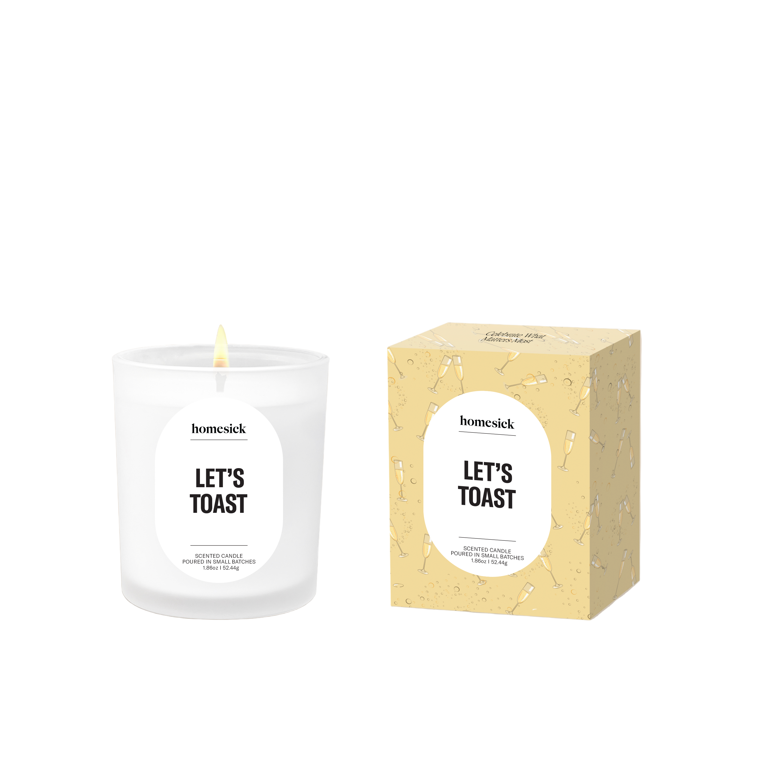 Homesick Let’s Toast Mini Candle – festive sparkling fragrance in a travel-size candle, perfect for gifting. Available at Be Charmed.