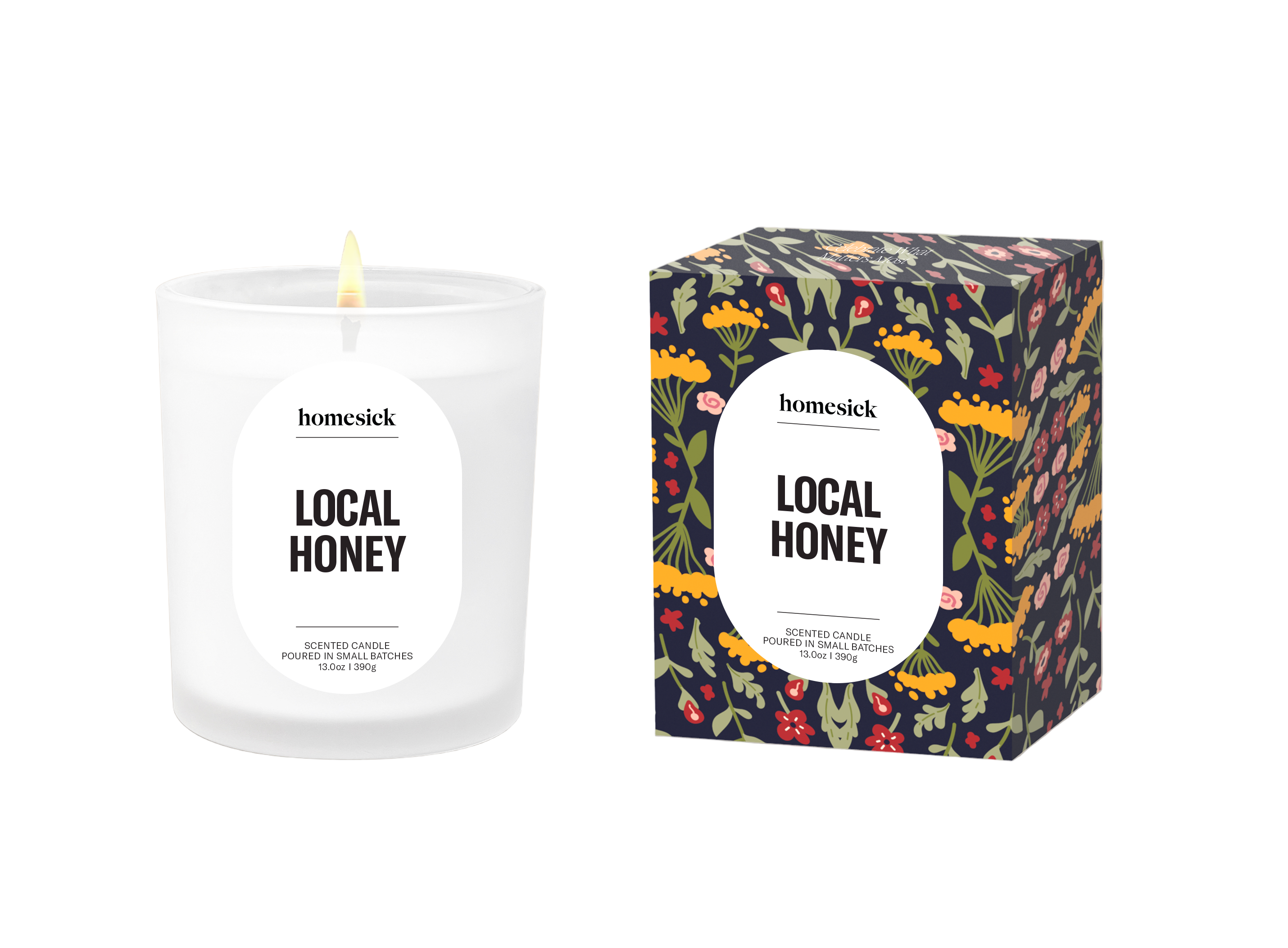 Homesick Local Honey candle and packaging on a white background. Available at Be Charmed. 