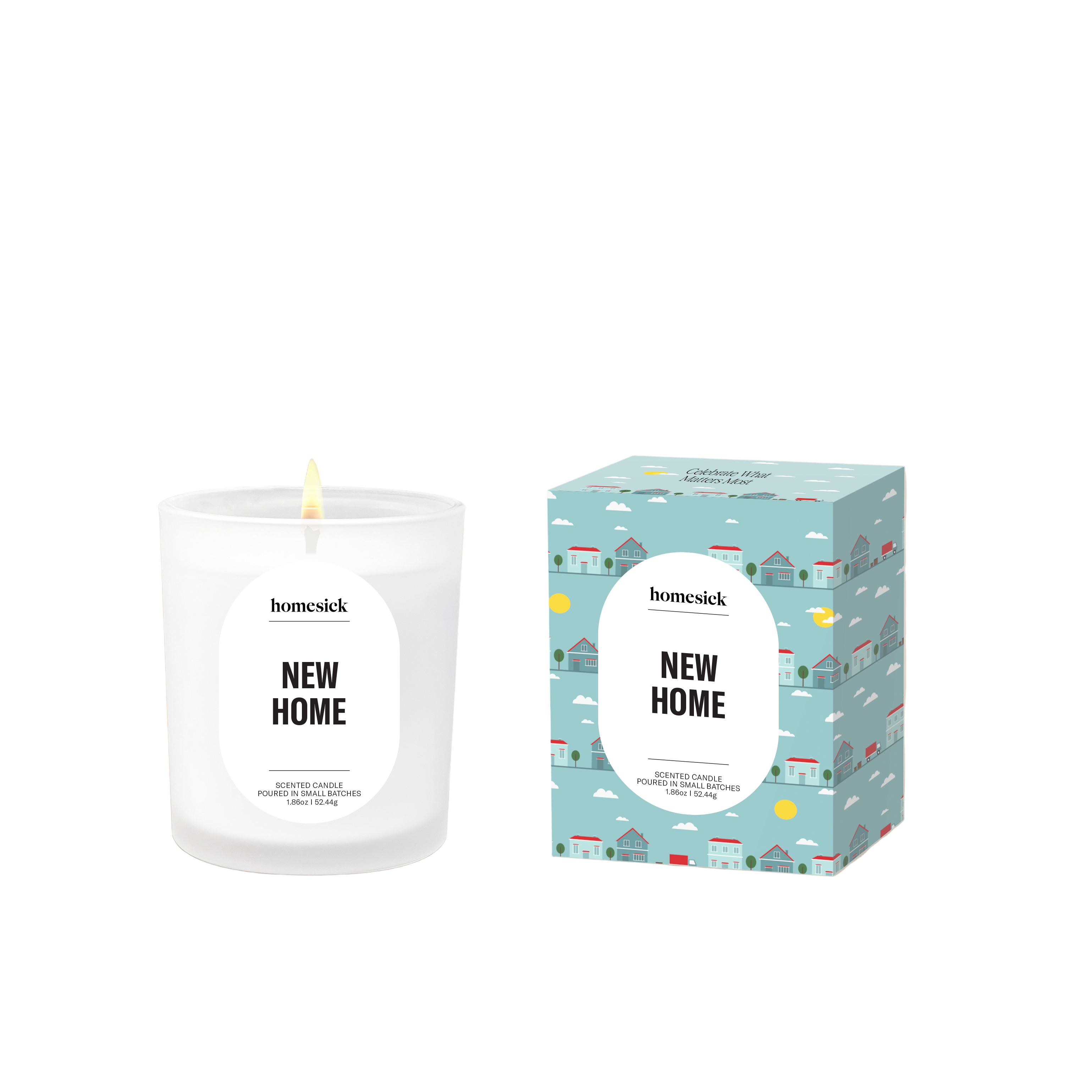 Homesick 'New Home' candle and packaging on a white background. Available at Be Charmed. 