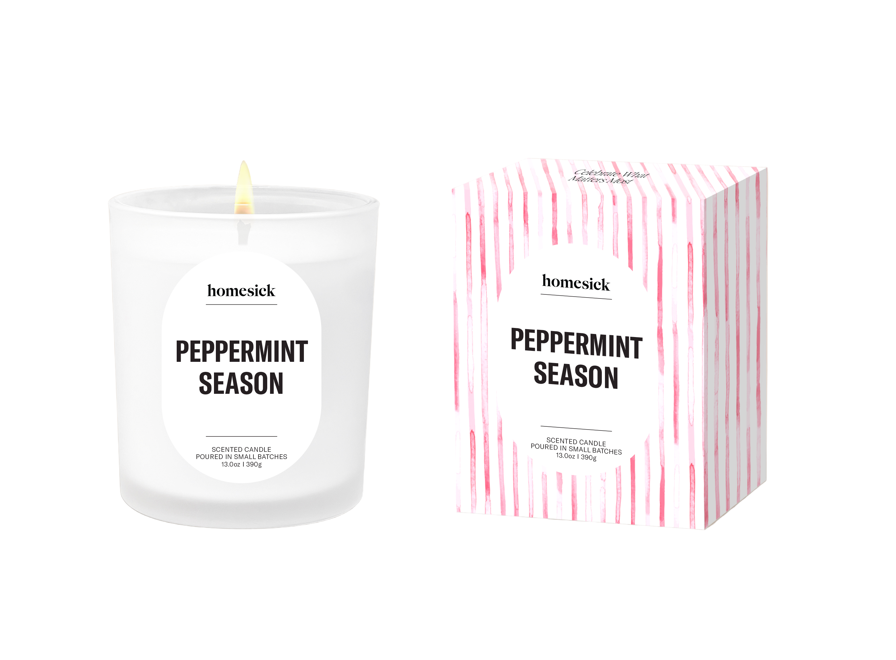 Homesick Peppermint Season candle and packaging on a beige background. Available at Be Charmed. 