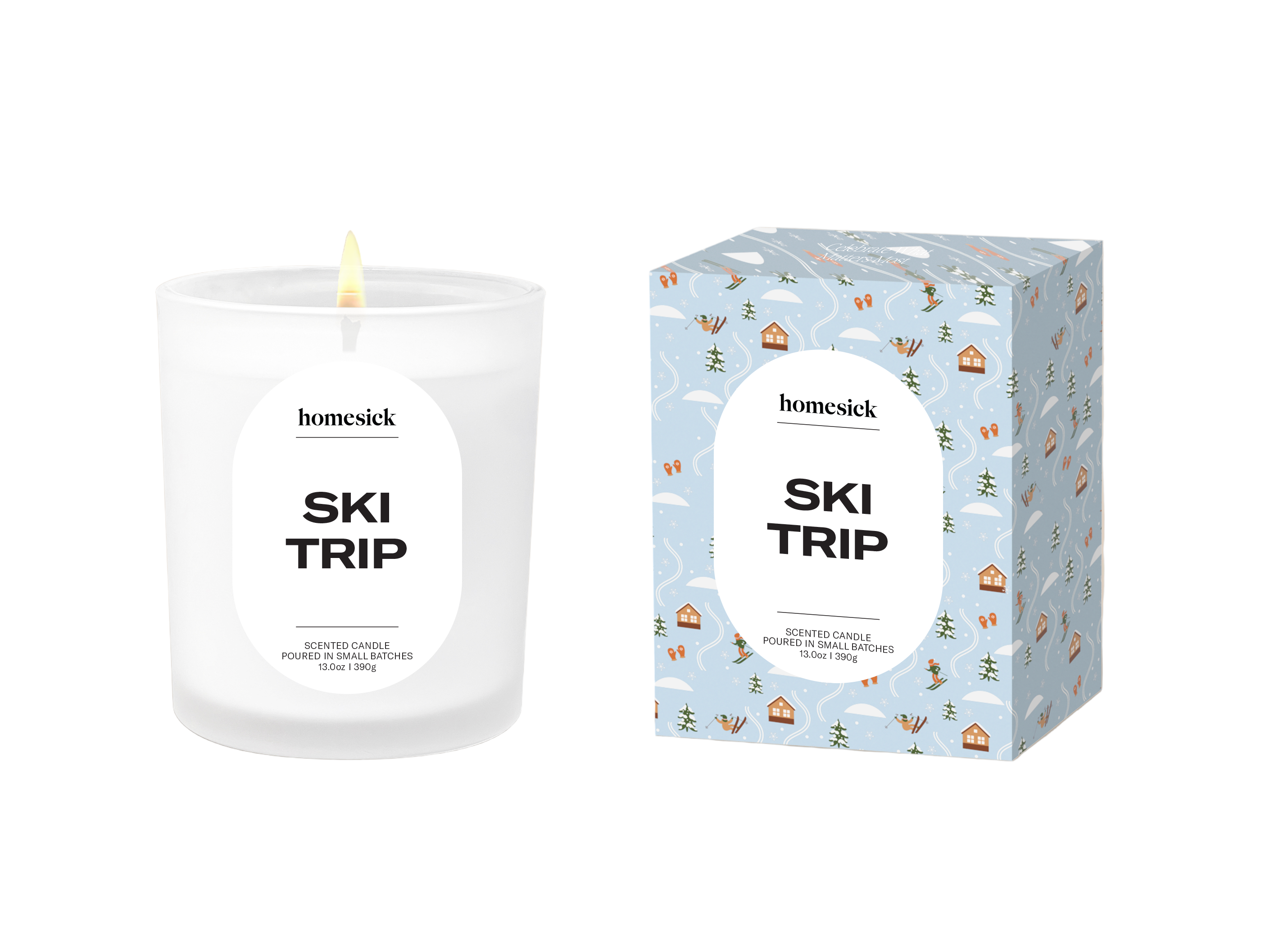Homesick Ski Trip candle and packaging on a white background. Available at Be Charmed. 