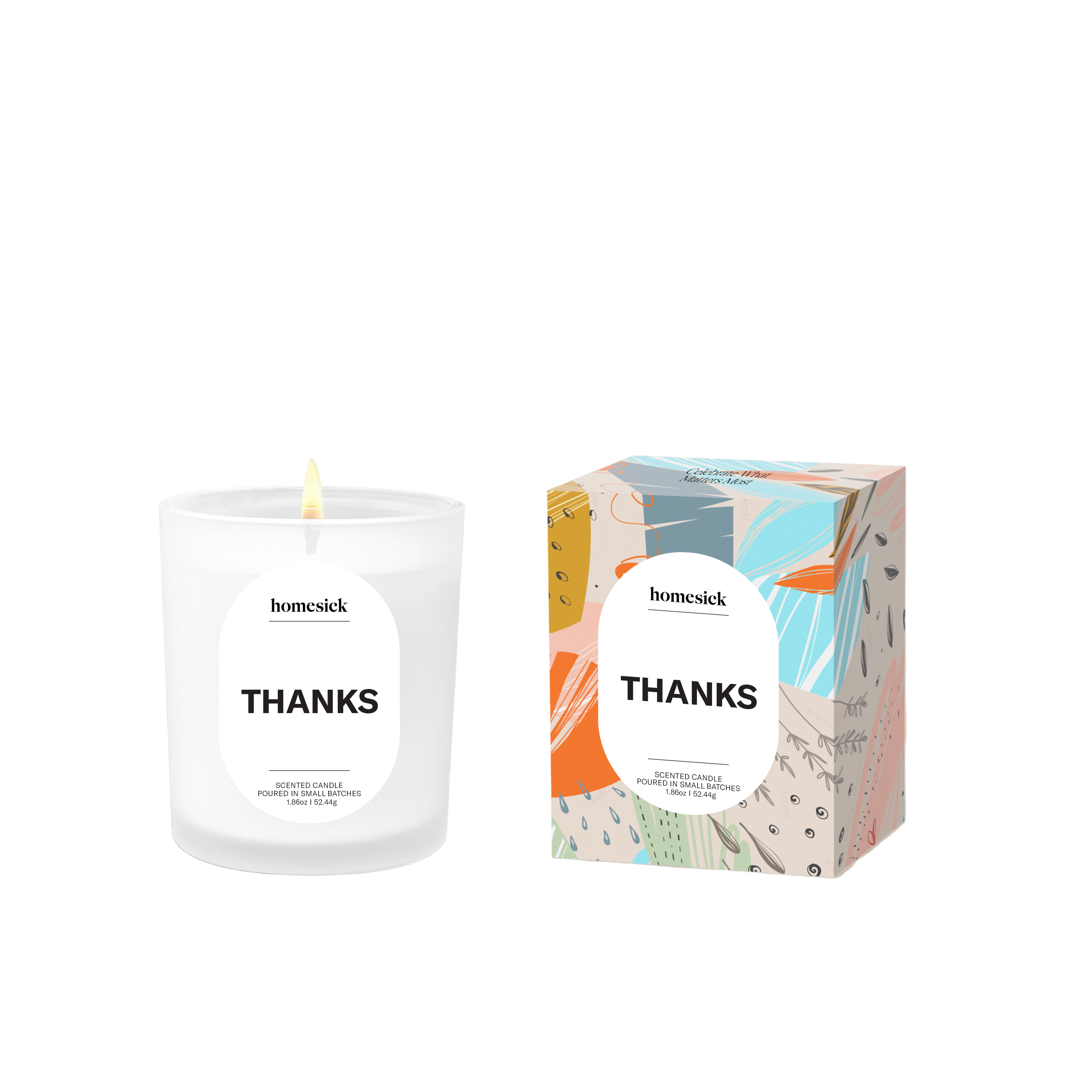 Homesick 'Thanks' candle and packaging on a white background. A warm, inviting fragrance, a thoughtful thank-you gift. Available at Be Charmed. 