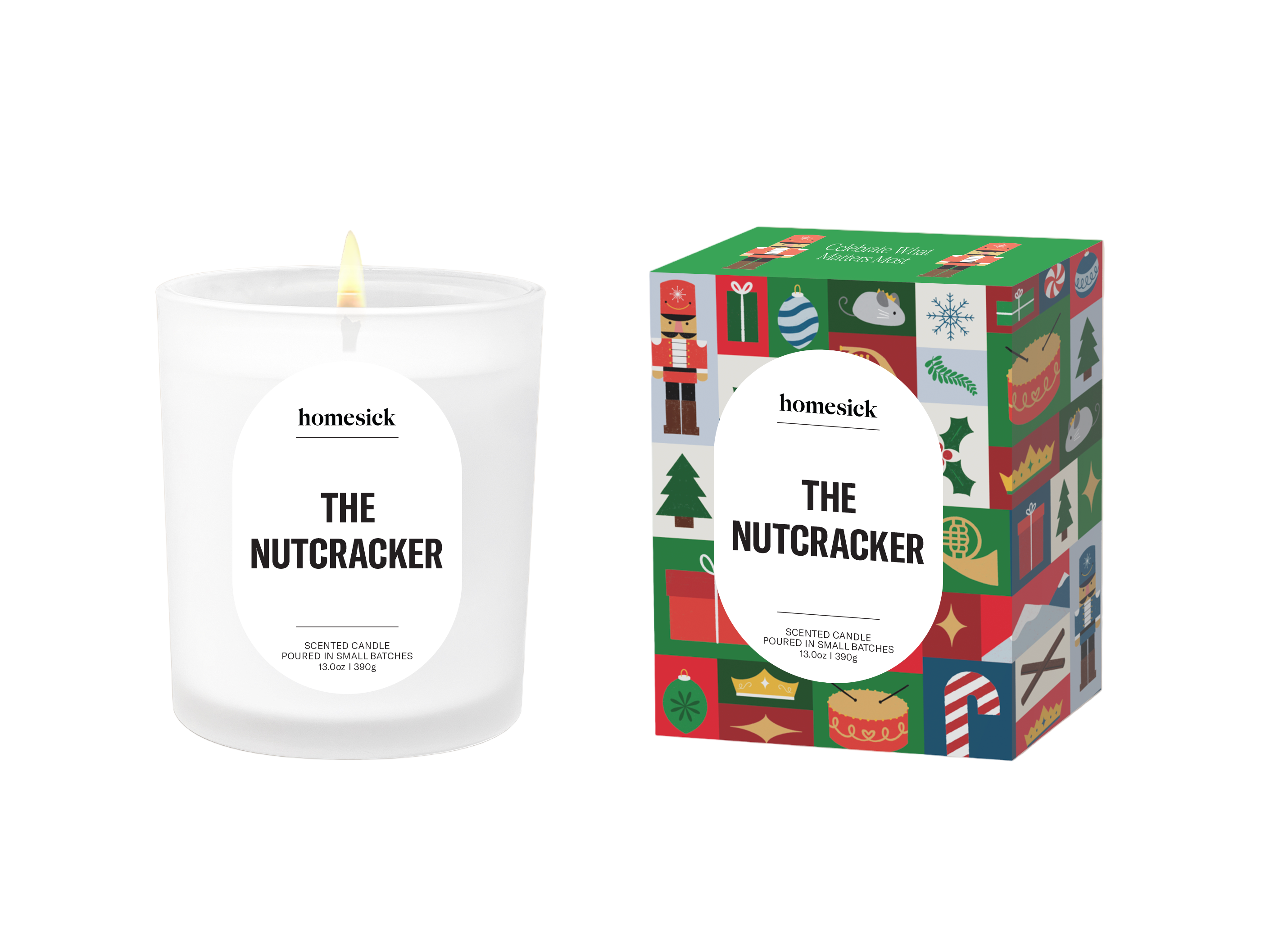 Homesick 'The Nutcracker' candle and packaging on a white background. available at Be Charmed. 