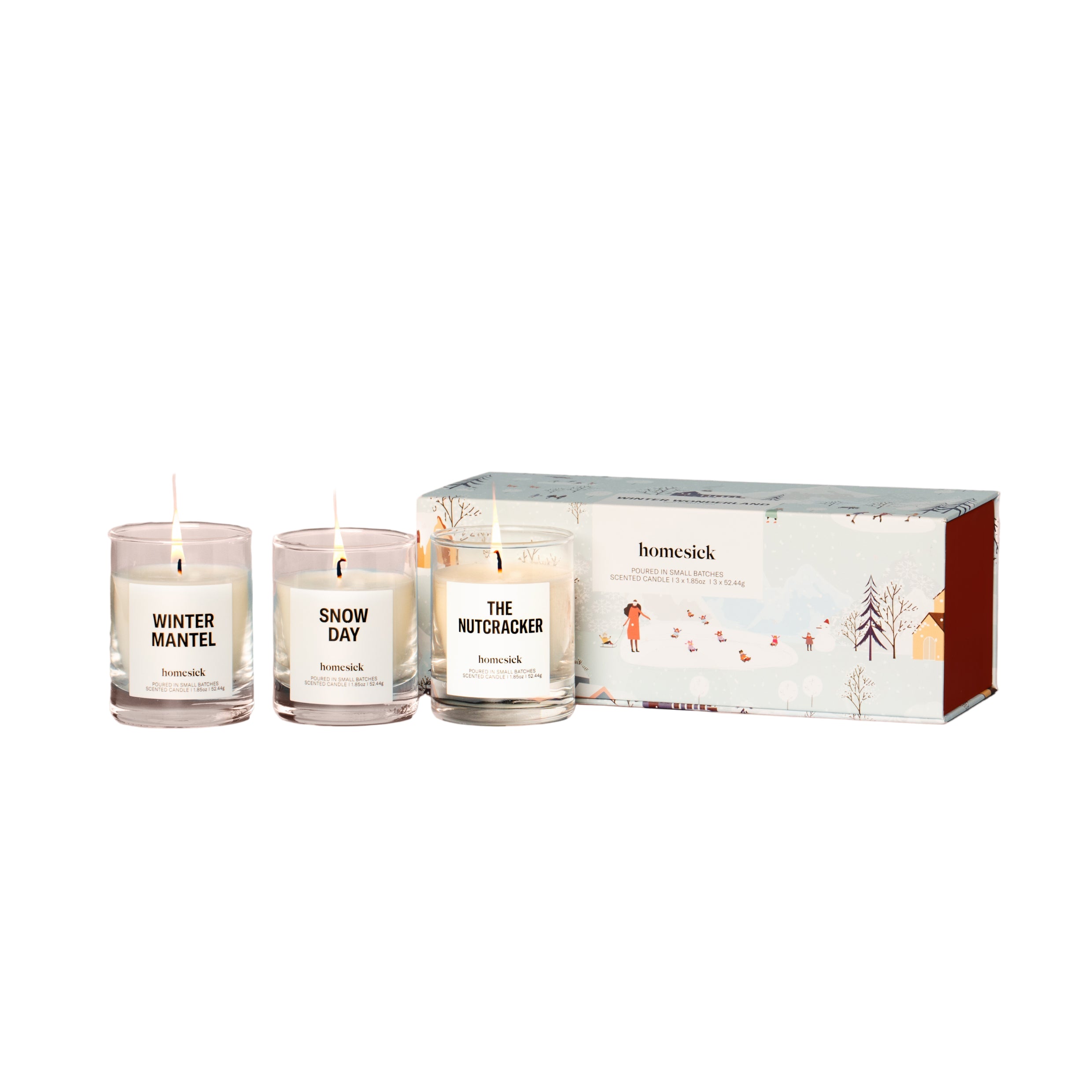 Homesick Winter Wonderland Candle Trio – festive holiday candle set with seasonal scents. Available at Be Charmed.
