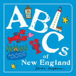 Book cover of 'ABCs of New England' with illustrations and text on a blue background. Available at Be Charmed