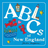 Book cover of 'ABCs of New England' with illustrations and text on a blue background. Available at Be Charmed