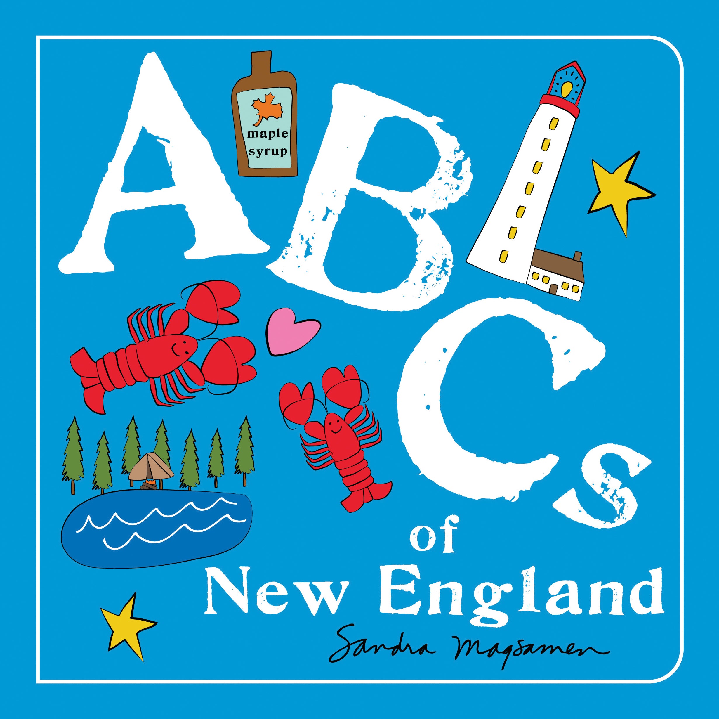 Book cover of 'ABCs of New England' with illustrations and text on a blue background. Available at Be Charmed