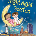 Children's book cover titled 'Night-Night Boston' showing two children sitting on a crescent moon above a illustrated Boston skyline at night, with a blue starry sky background. Available at Be Charmed