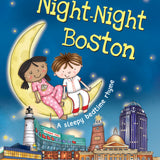 Children's book cover titled 'Night-Night Boston' showing two children sitting on a crescent moon above a illustrated Boston skyline at night, with a blue starry sky background. Available at Be Charmed