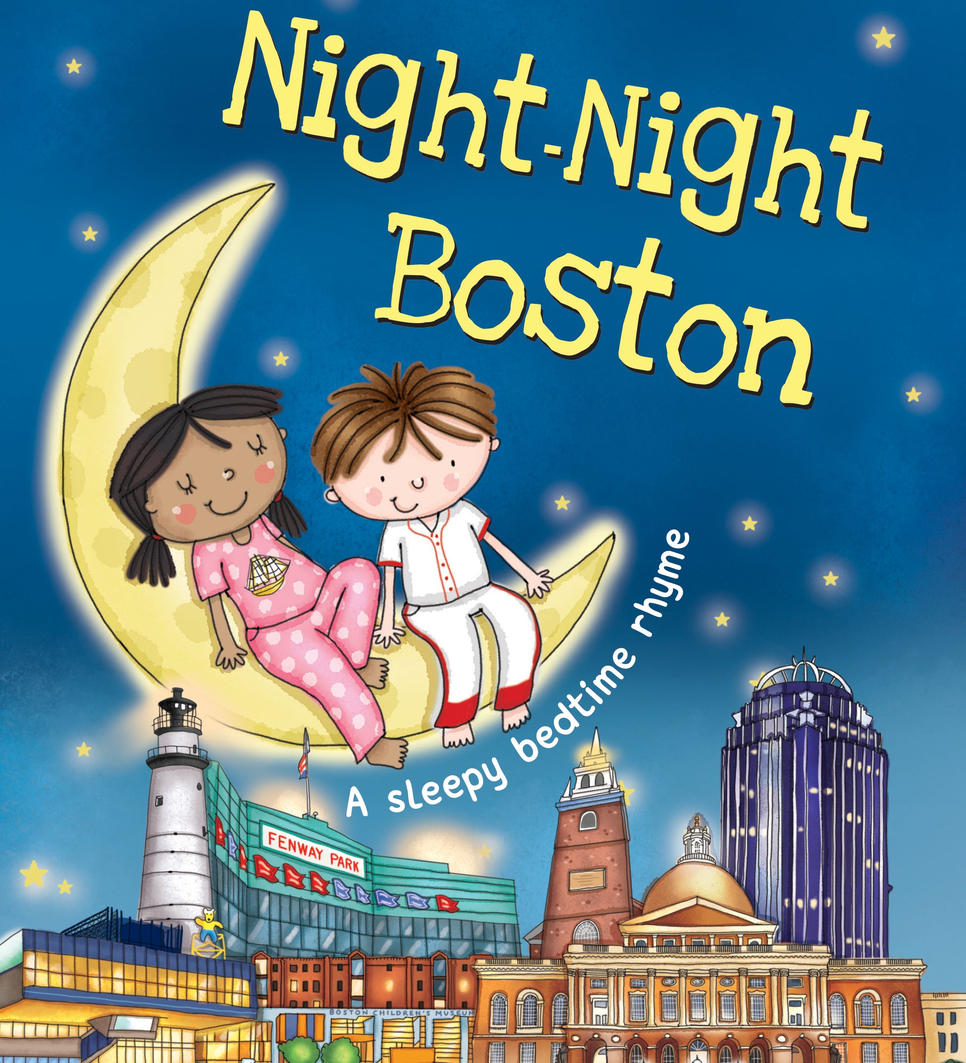 Children's book cover titled 'Night-Night Boston' showing two children sitting on a crescent moon above a illustrated Boston skyline at night, with a blue starry sky background. Available at Be Charmed
