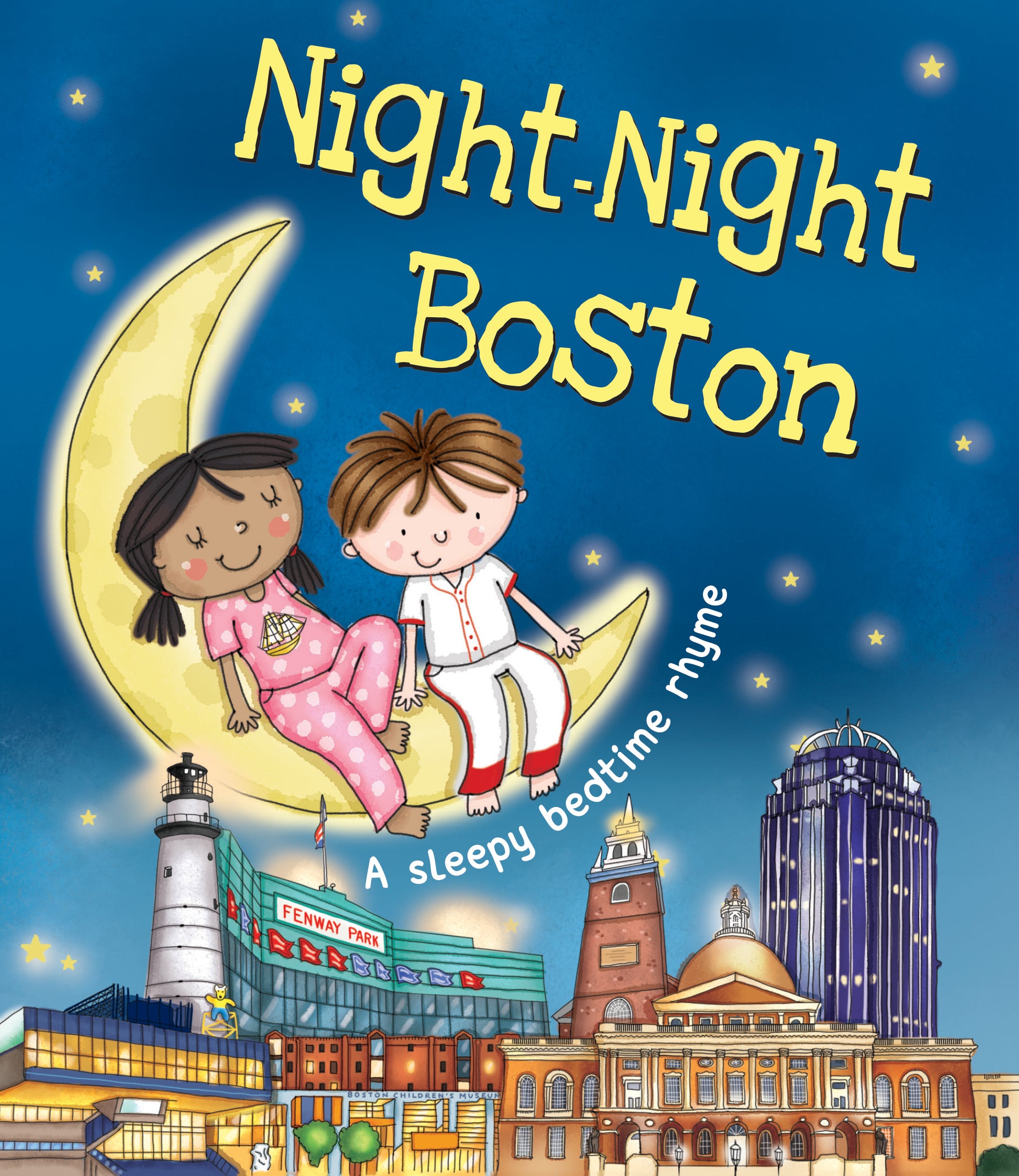 Children's book cover titled 'Night-Night Boston' showing two children sitting on a crescent moon above a illustrated Boston skyline at night, with a blue starry sky background. Available at Be Charmed