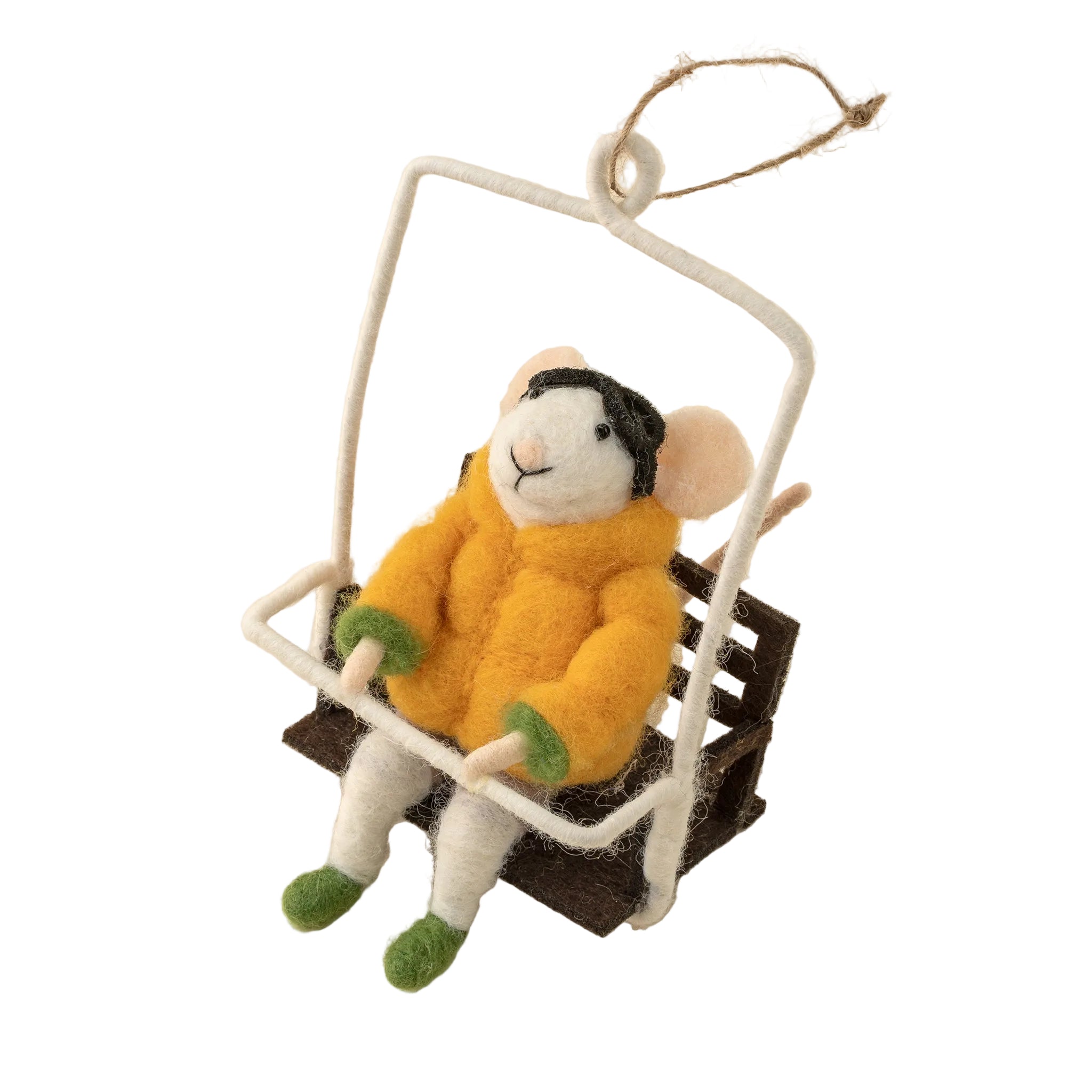 Felted mouse ornament in a yellow sweater on a ski lift against a beige background. Available at Be Charmed