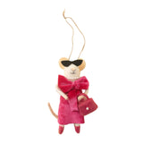 Mouse ornament in a red dress with sunglasses and a handbag on a beige background. Available at Be Charmed