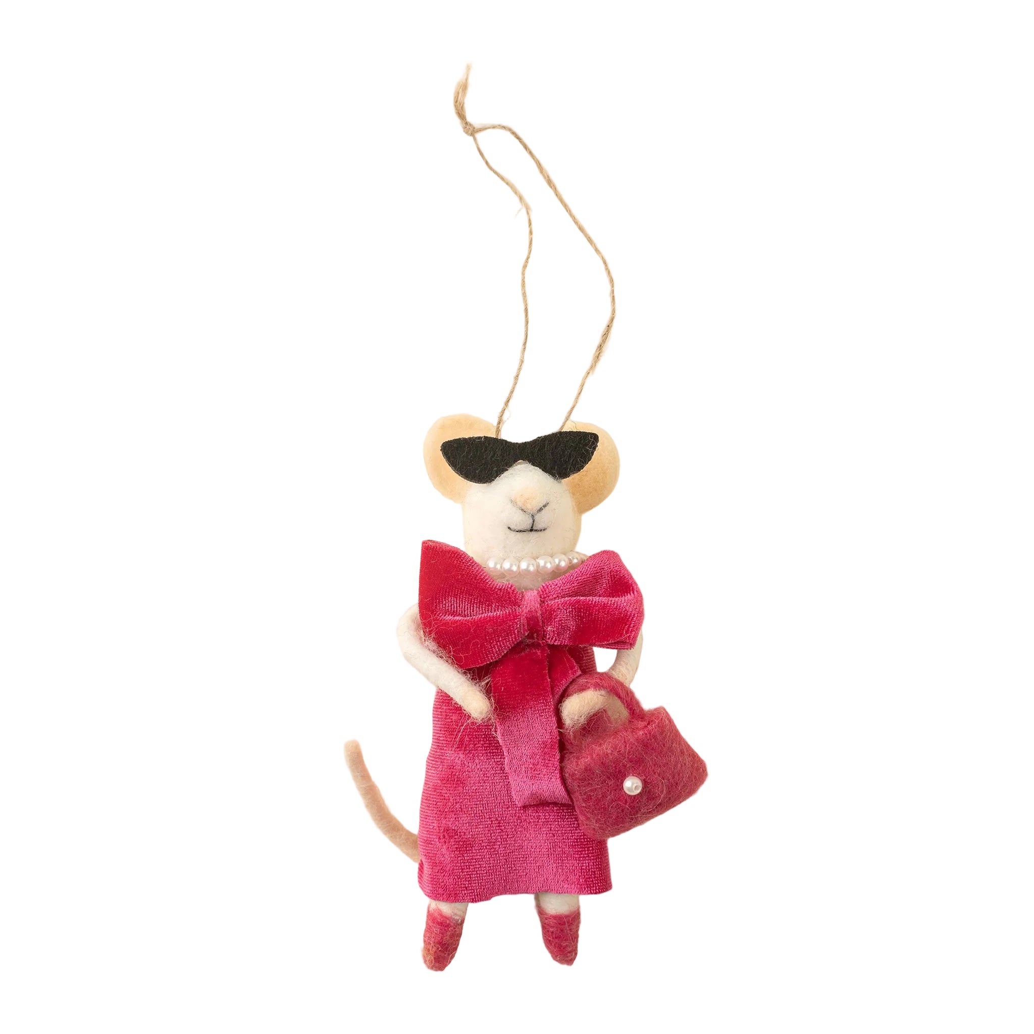 Mouse ornament in a red dress with sunglasses and a handbag on a beige background. Available at Be Charmed