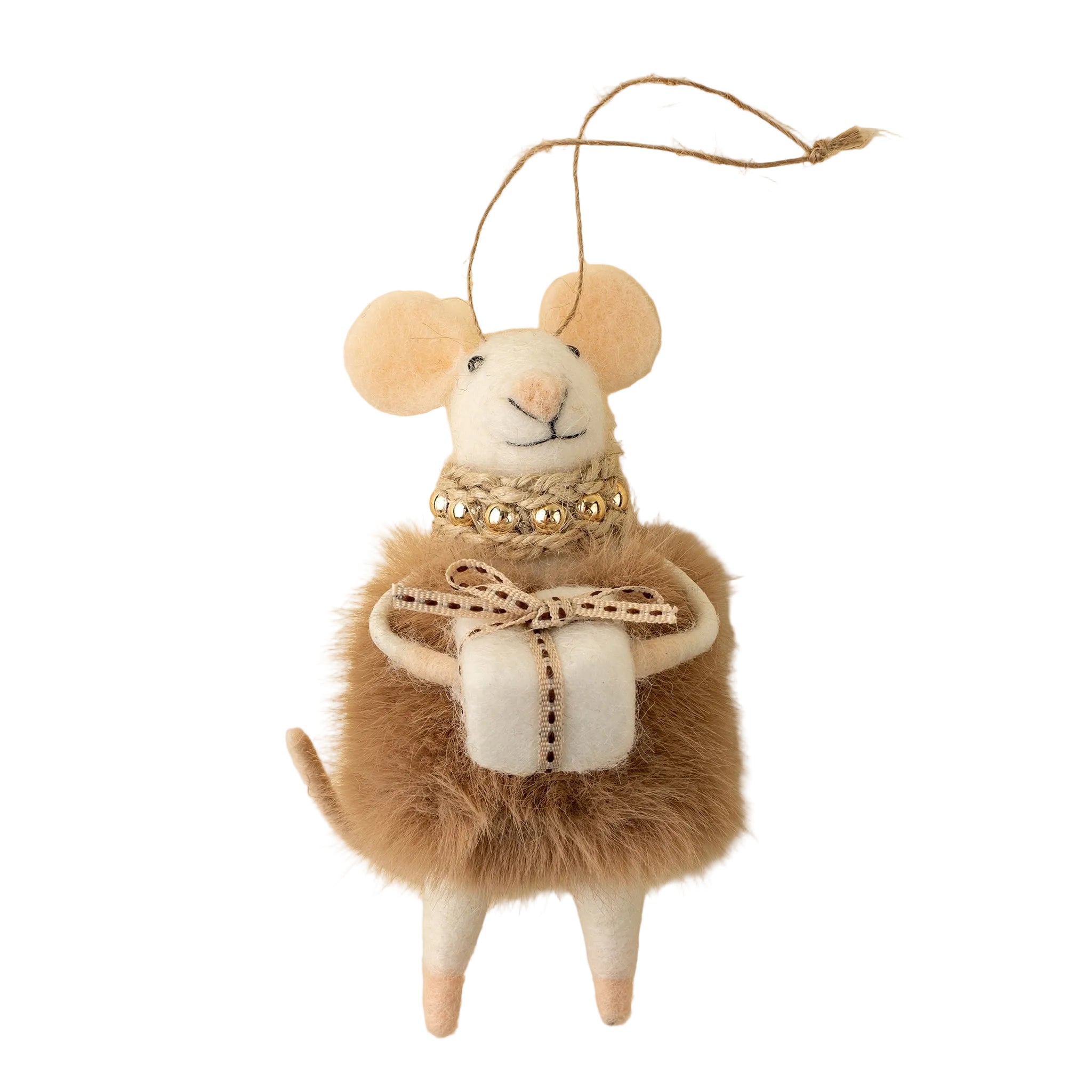 Felt mouse ornament with a gift on a white background. Available at Be Charmed