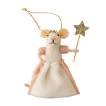 Felt mouse ornament with a crown, wand, and cape on a beige background. Available at Be Charmed