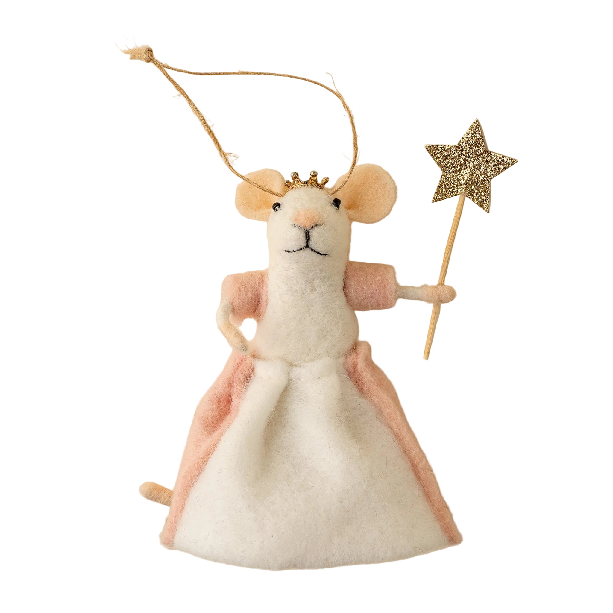 Felt mouse ornament with a crown, wand, and cape on a beige background. Available at Be Charmed