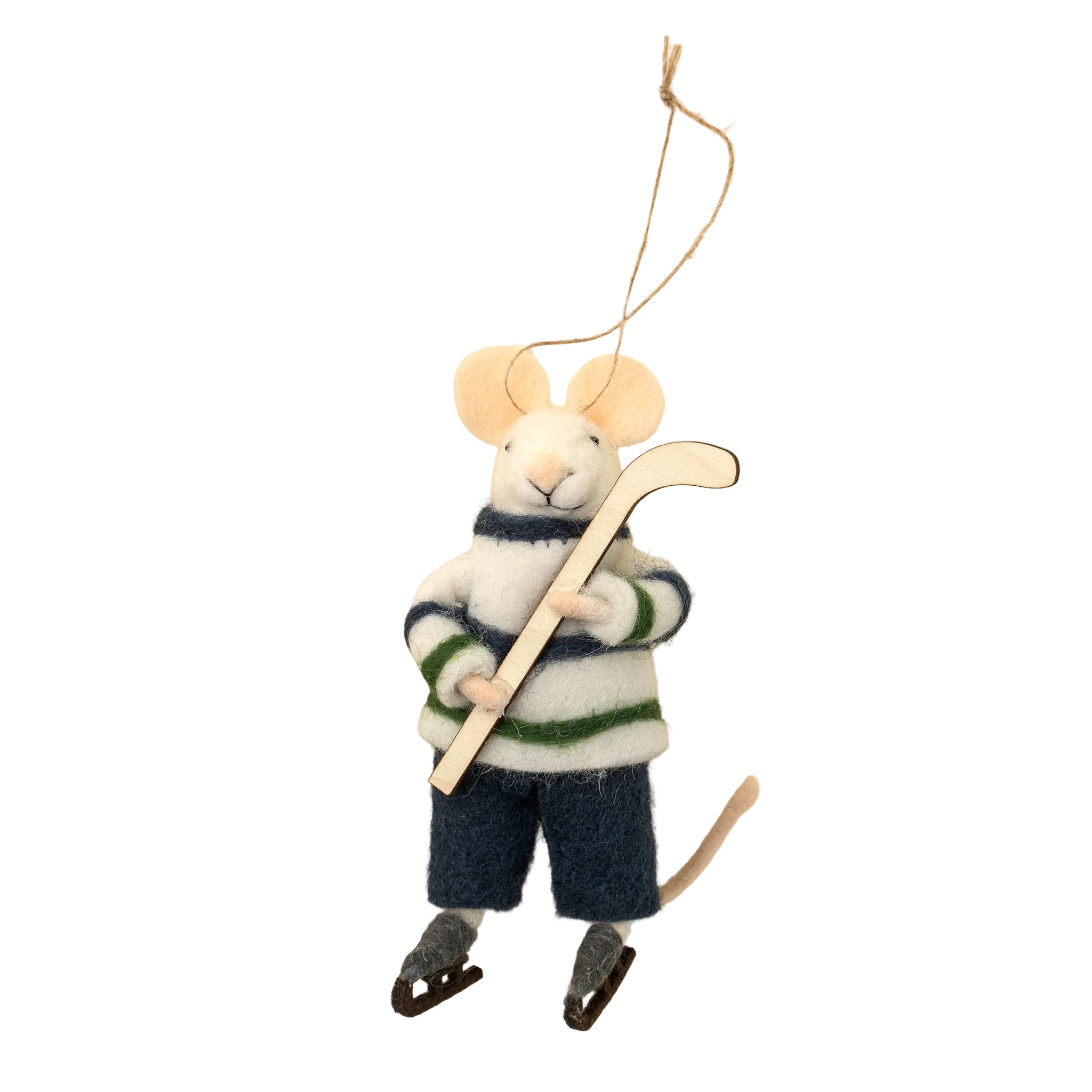 Decorative mouse ornament with a sweater and skates on a beige background. Available at Be Charmed