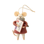 Felt mouse ornament holding a 'Santa North Pole' letter on a whie  background. Available at Be Charmed