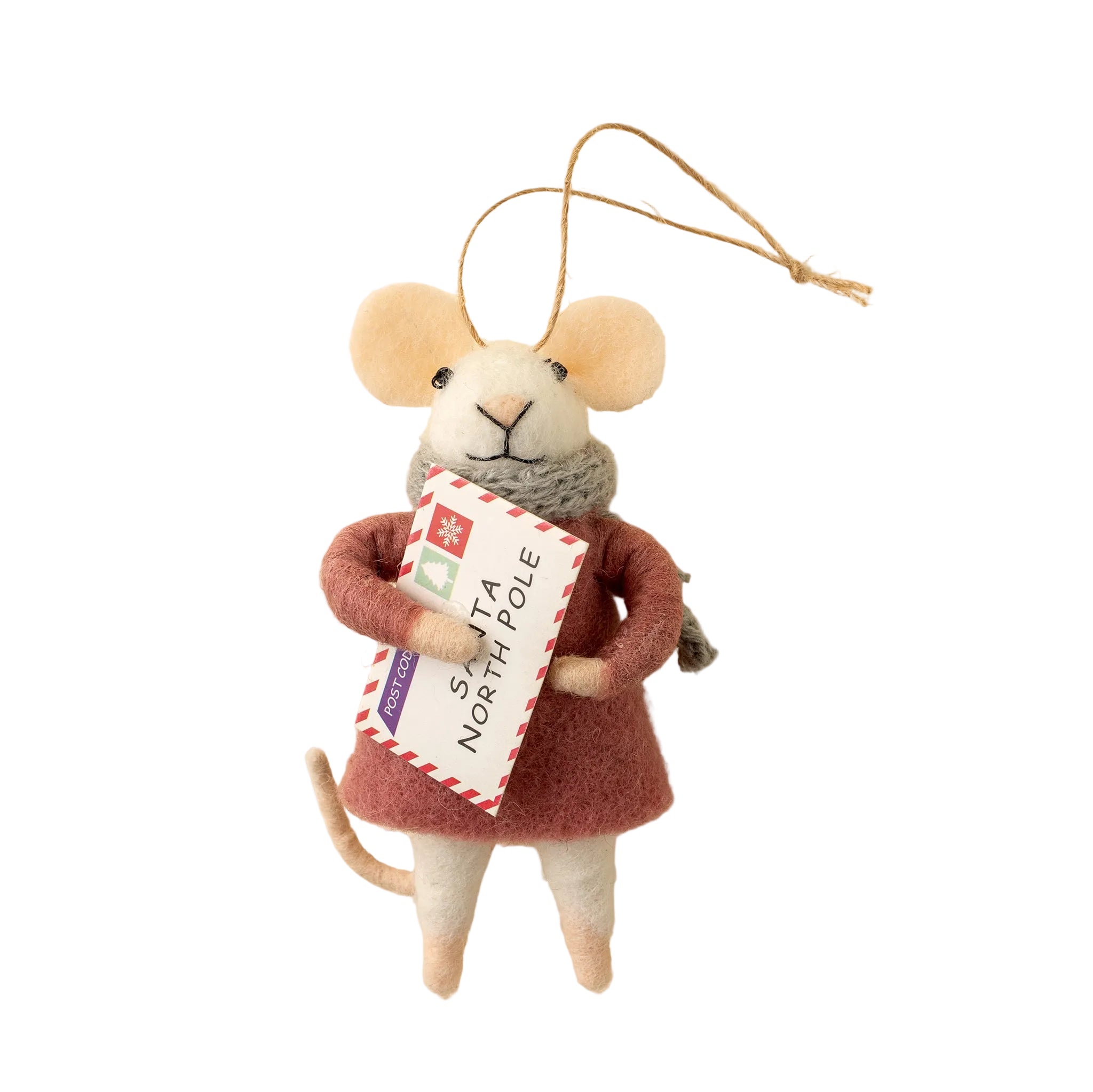 Felt mouse ornament holding a 'Santa North Pole' letter on a whie  background. Available at Be Charmed