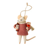 Decorative mouse ornament holding a bottle and glass against a beige background. Available at Be Charmed