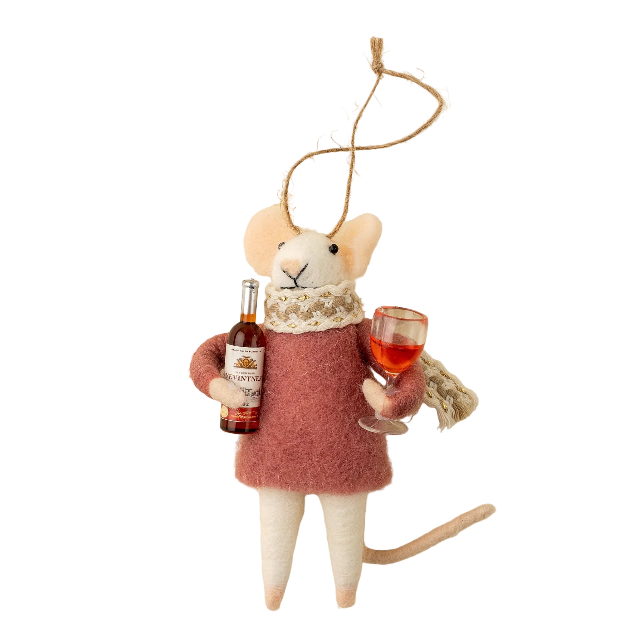 Decorative mouse ornament holding a bottle and glass against a beige background. Available at Be Charmed