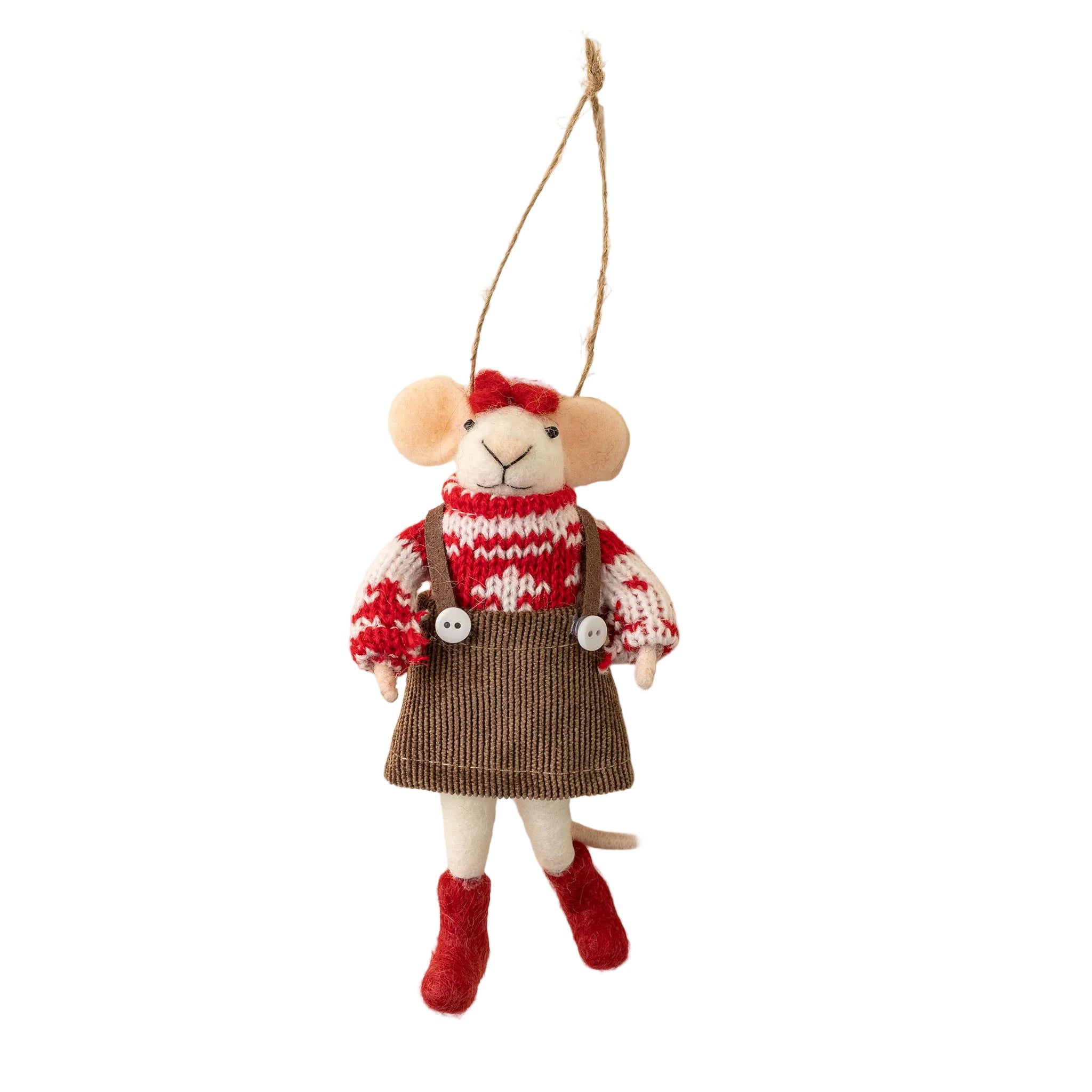 Plush mouse ornament in a red sweater and brown overalls hanging on a white wall. Available at Be Charmed