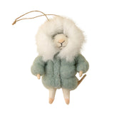 Stuffed mouse ornament with a green coat and white fur on a beige background. Available at Be Charmed