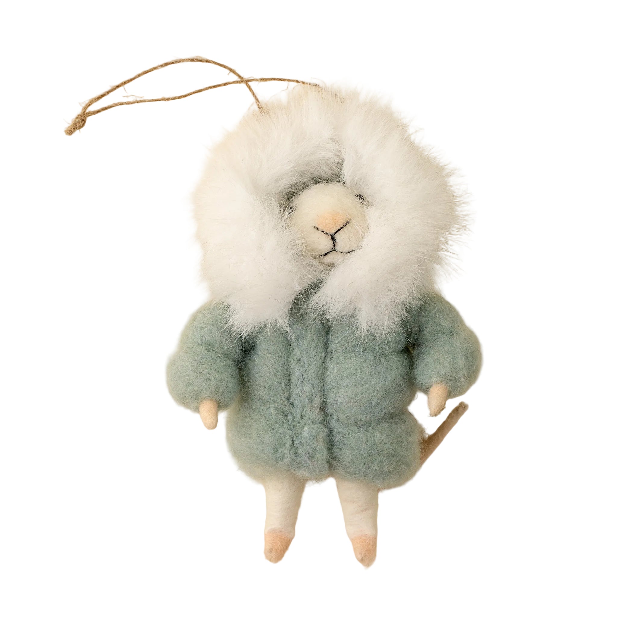 Stuffed mouse ornament with a green coat and white fur on a beige background. Available at Be Charmed