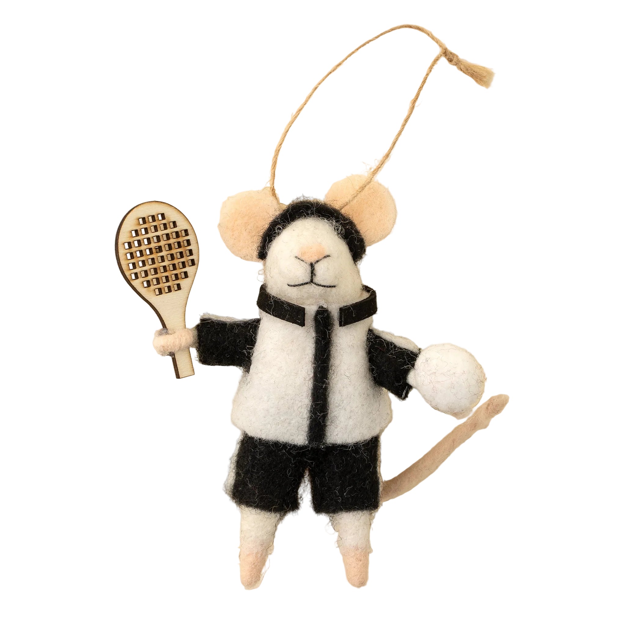 Felted mouse ornament holding a tennis racket and ball on a beige background. Available at Be Charmed
