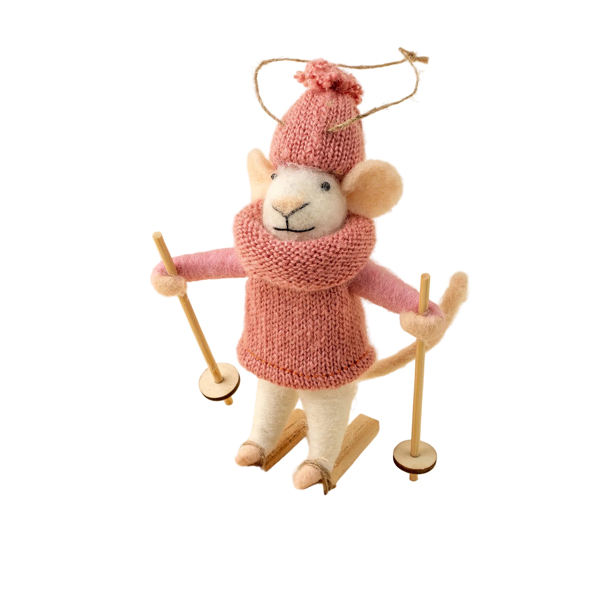  mouse ornament in pink winter outfit with skis and hat on a beige background. Available at Be Charmed