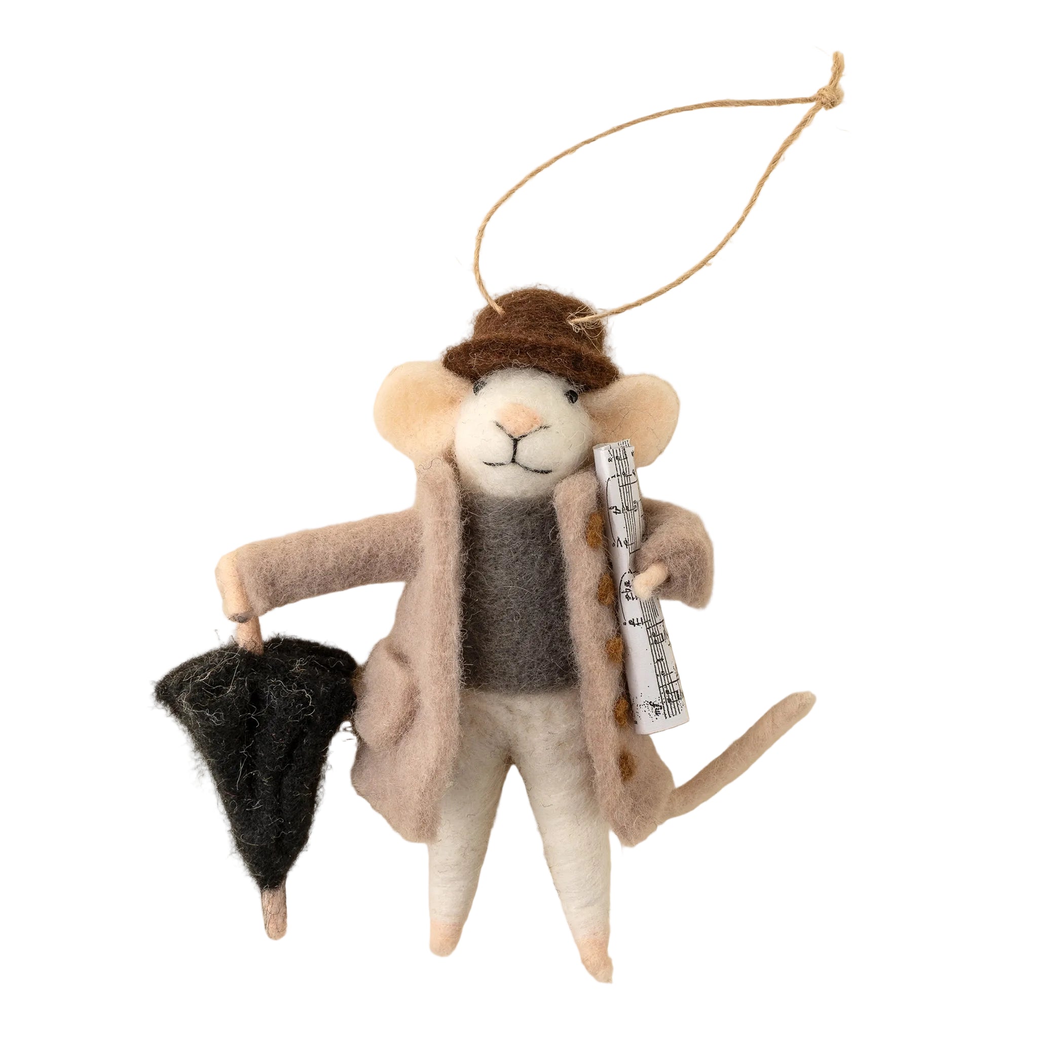 Felted mouse ornament with a hat, coat, and umbrella on a beige background. Available at Be Charmed
