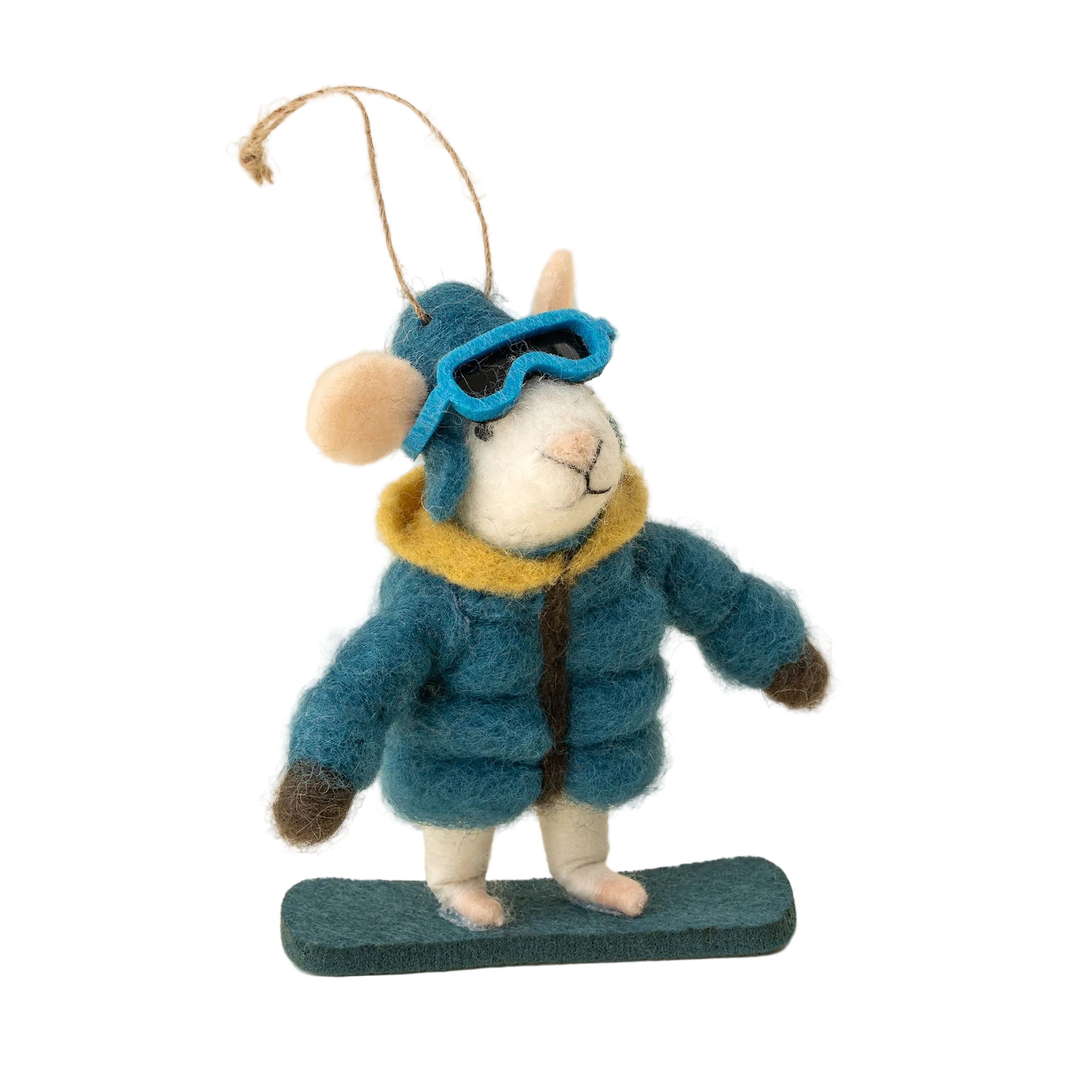 Felted mouse ornament wearing a blue coat and goggles, standing on a blue surfboard against a beige background. Available at Be Charmed