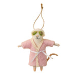 Felted mouse ornament resembling a mouse in a pink robe with sunglasses on a beige background. Available at Be Charmed