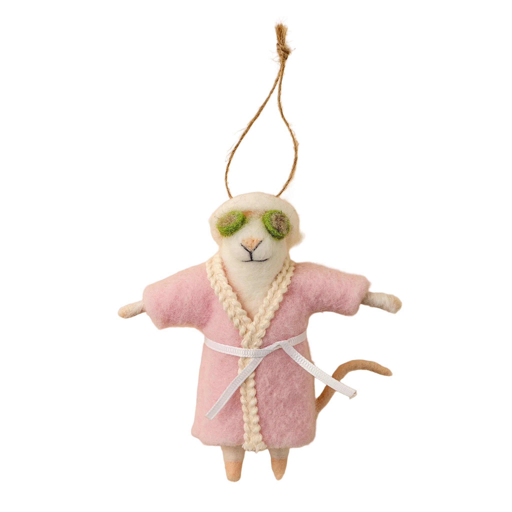 Felted mouse ornament resembling a mouse in a pink robe with sunglasses on a beige background. Available at Be Charmed