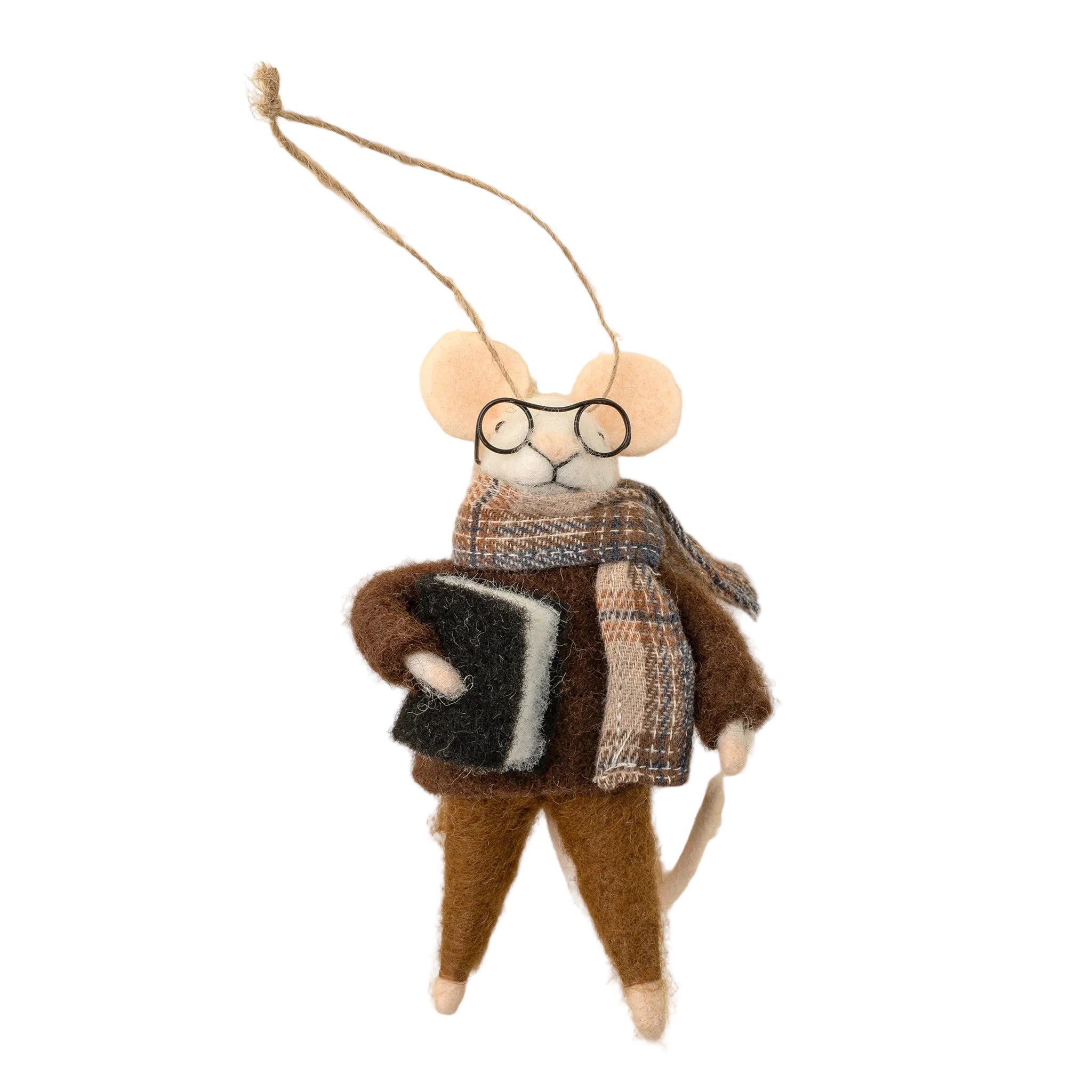 Felted mouse ornament resembling a mouse wearing glasses, a scarf, and holding a book on a beige background. Available at Be Charmed