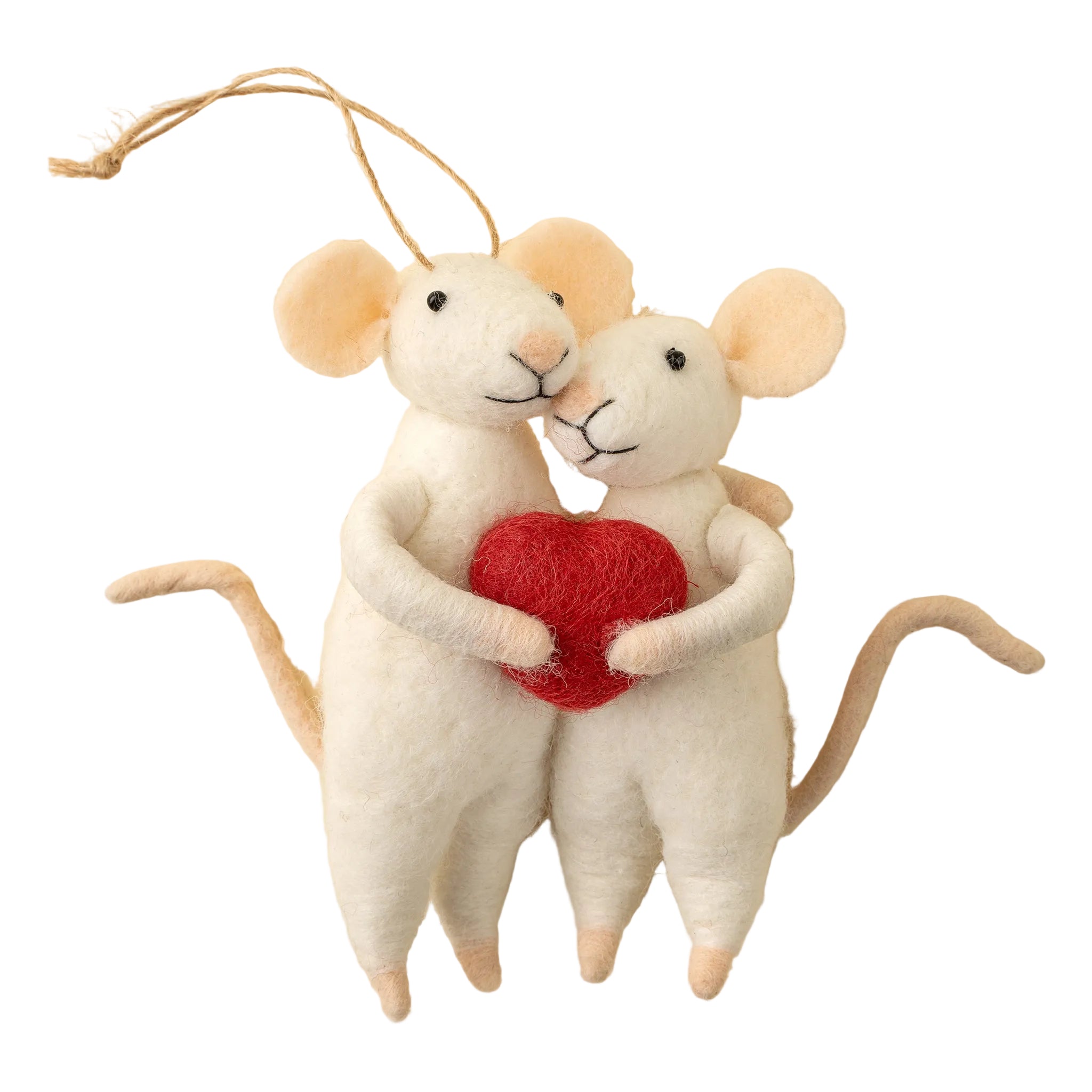 Two stuffed mice holding a red heart on a beige background. Available at Be Charmed