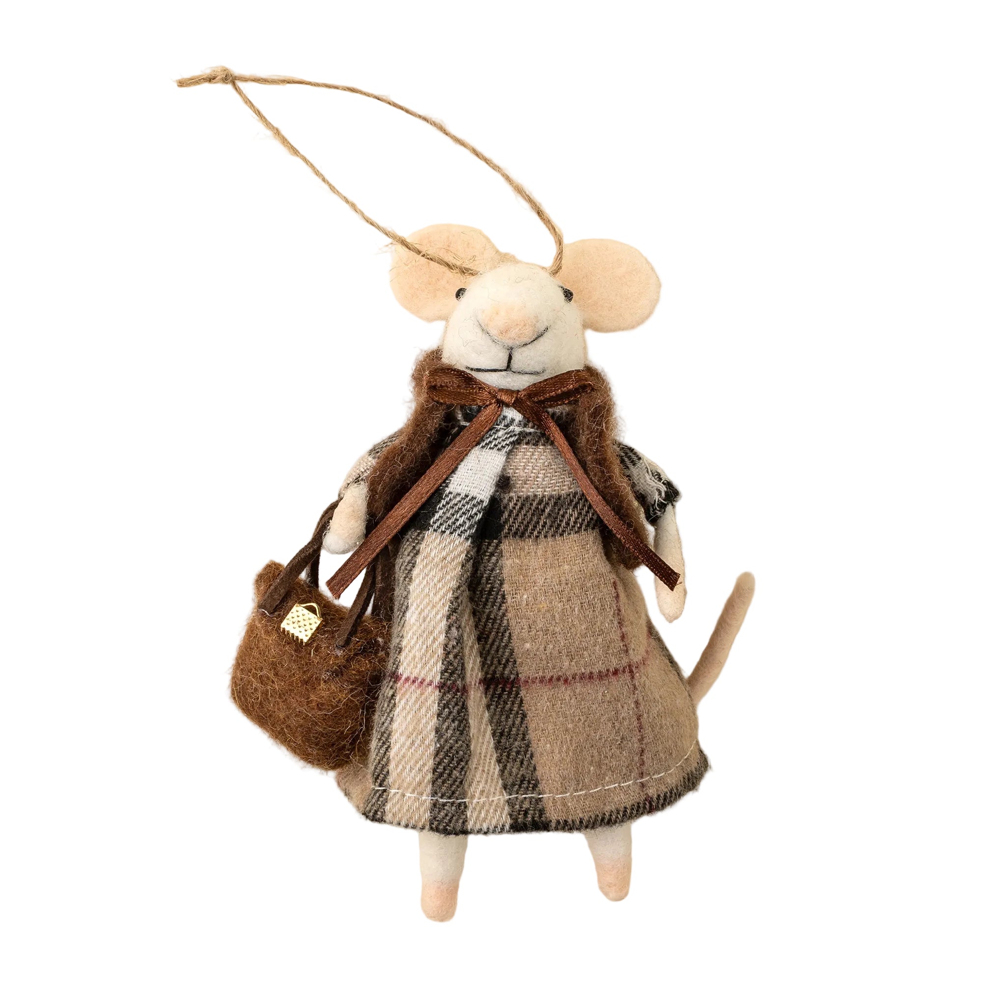 Stuffed mouse ornament dressed in a plaid outfit with a bow and bag on a beige background. Available at Be Charmed