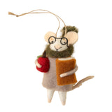 Felted mouse ornament with glasses, scarf, and book on a beige background. Available at Be Charmed