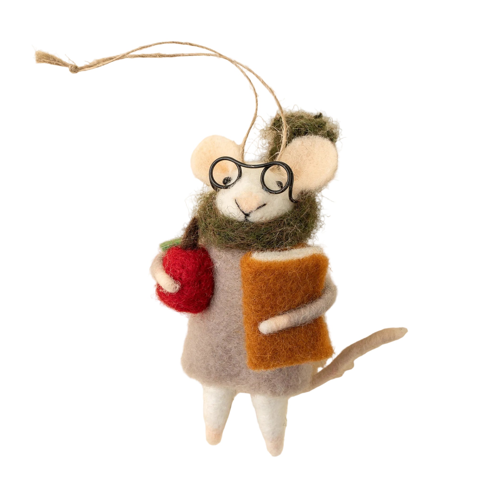 Felted mouse ornament with glasses, scarf, and book on a beige background. Available at Be Charmed