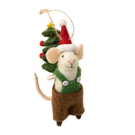 Felted mouse ornament with Christmas tree and Santa hat on a white background. Available at Be Charmed