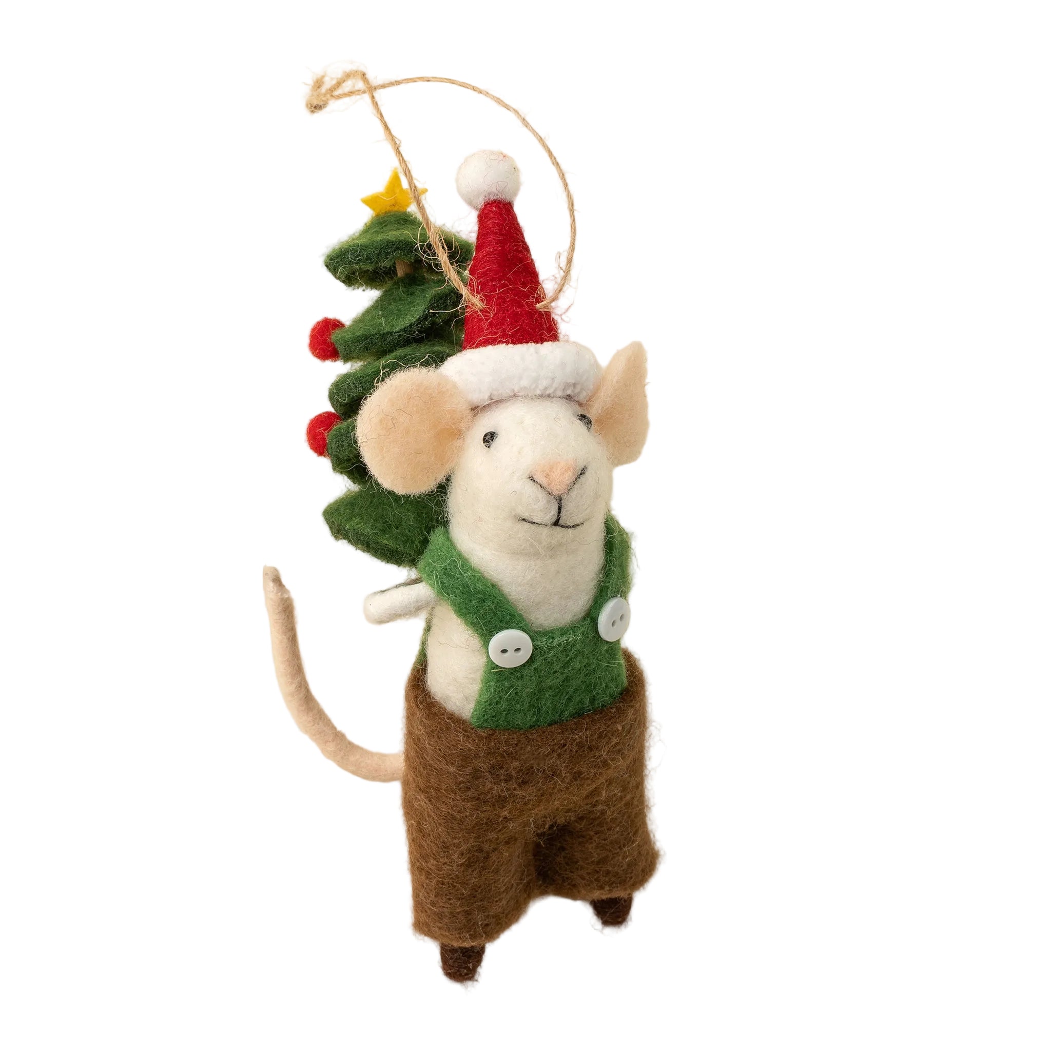 Felted mouse ornament with Christmas tree and Santa hat on a white background. Available at Be Charmed