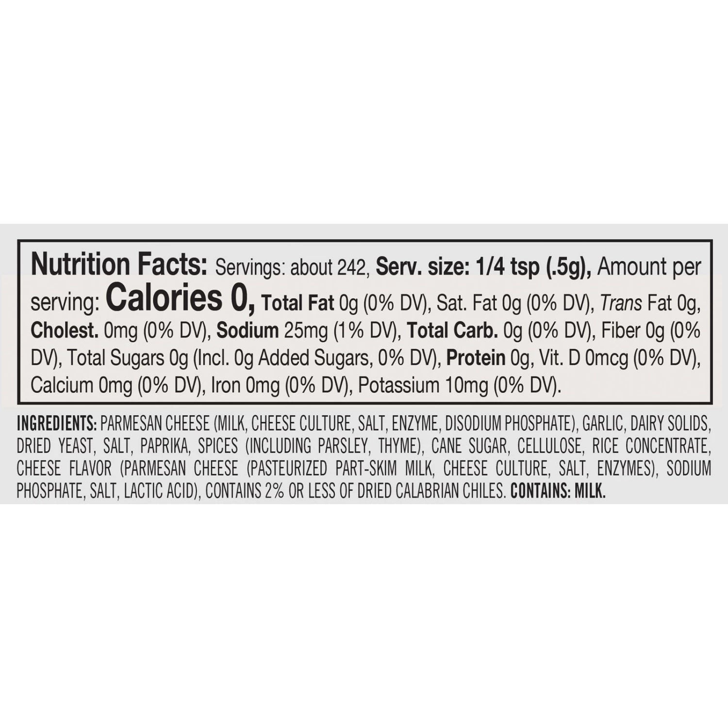 Nutrition facts label for Kick in the Pants Seasoning with zero calories per serving. Available at Be Charmed