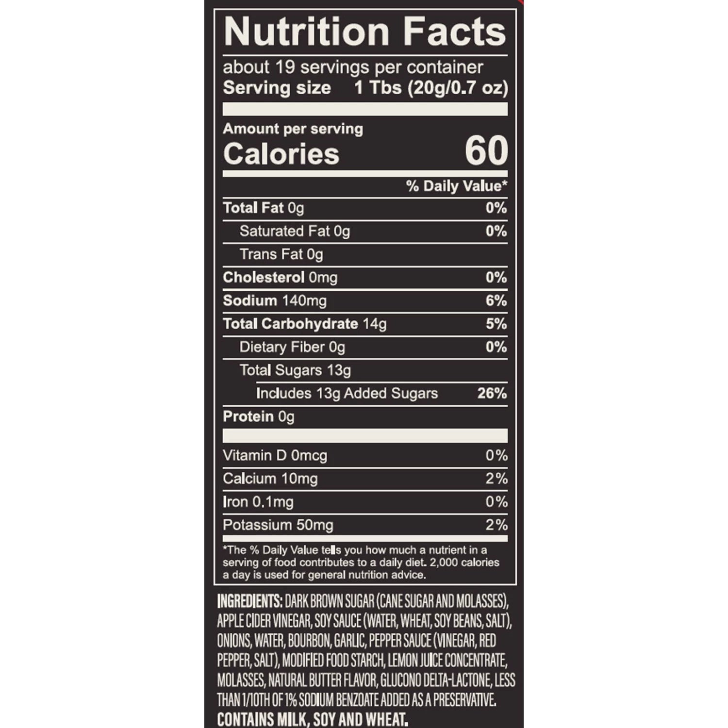 Nutrition facts label on a white background for  Sweet + Savory Sweet Bourbon Grillin Sauce.  Available at Be Charmed