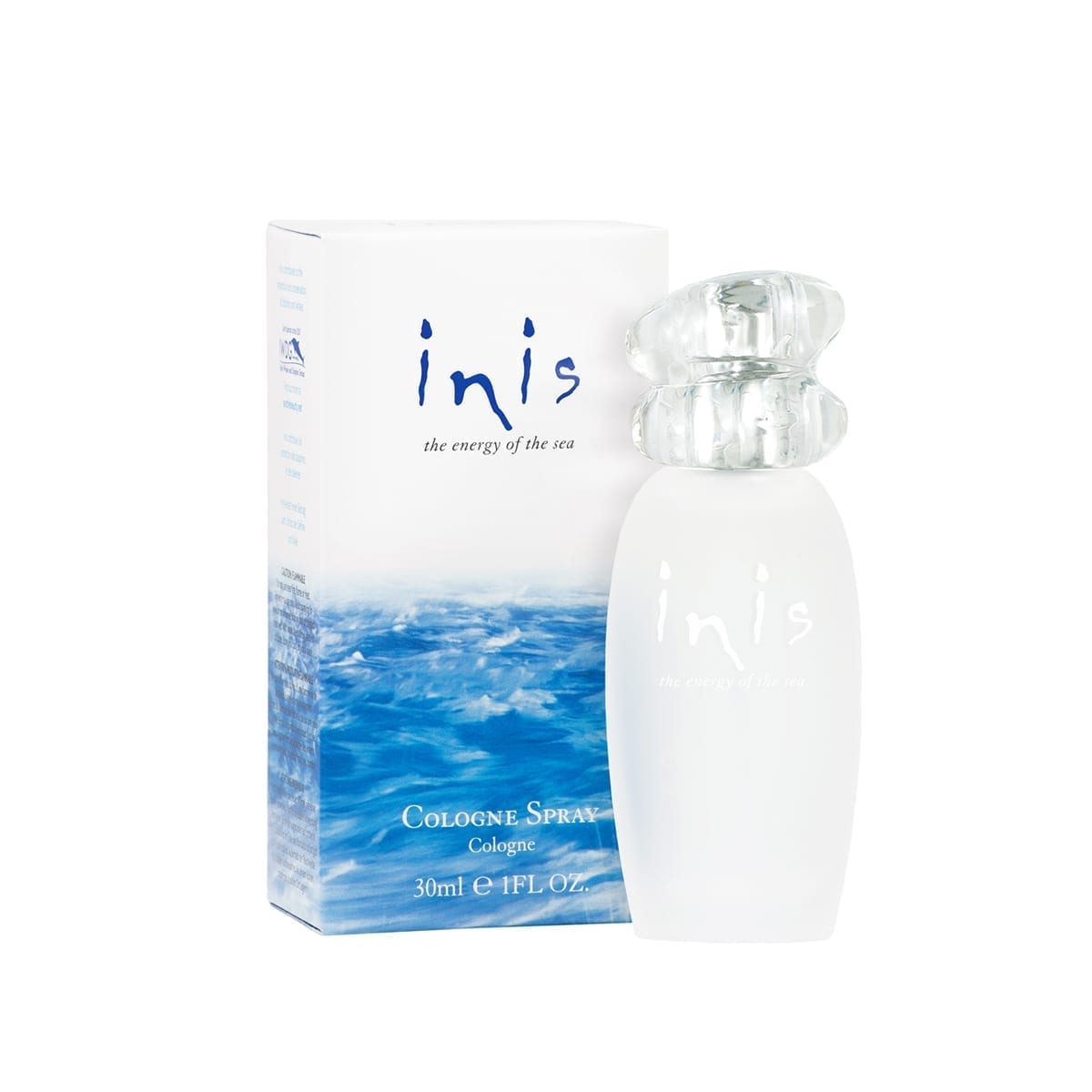 Perfume bottle and packaging with 'inis' branding on a white background. Available at Be Charmed