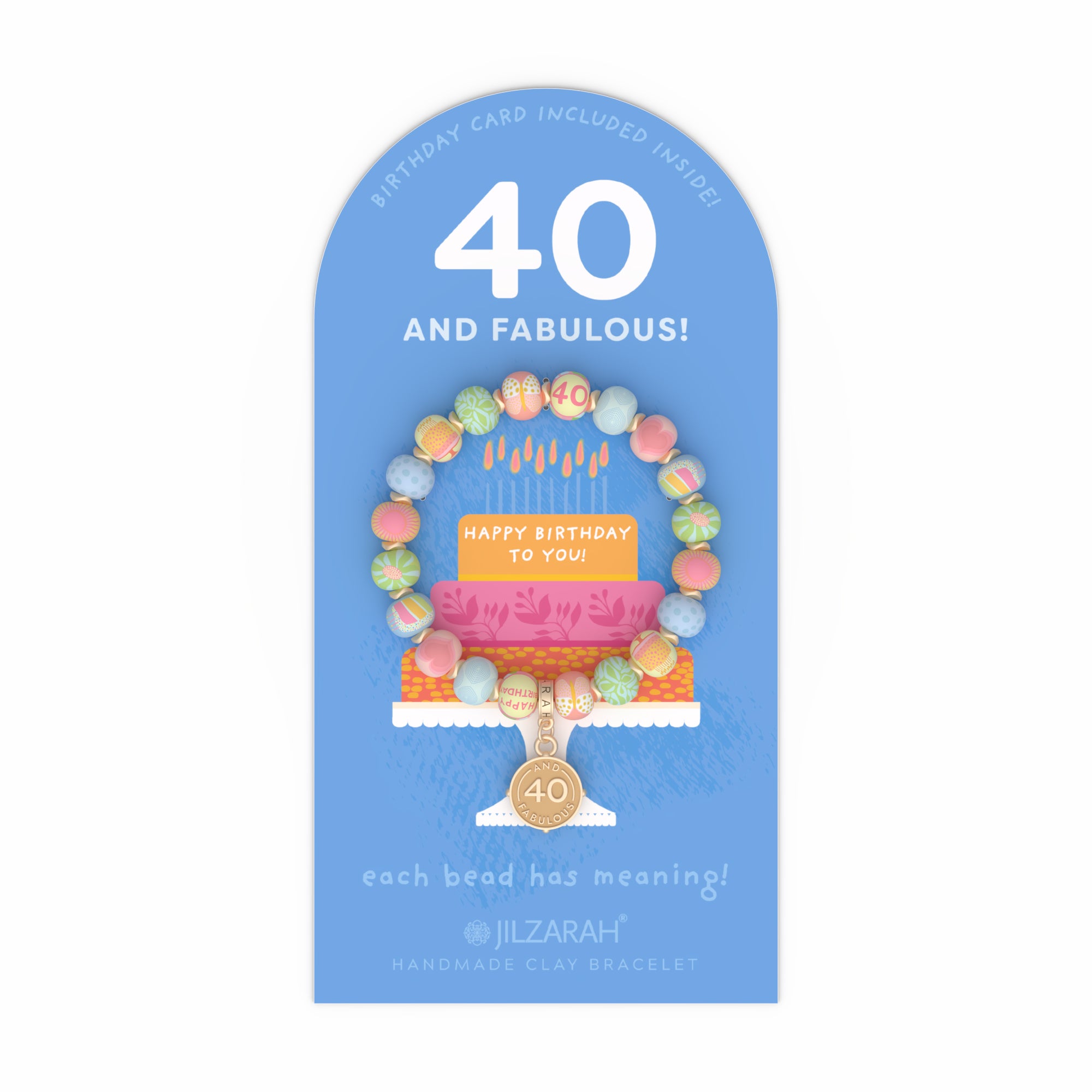 Jilzarah 40th Birthday Bracelet – handcrafted colorful bracelet celebrating 40 years. Available at Be Charmed.